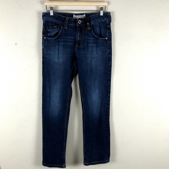 Blue Exchange Jeans Blue Dark Denim Black Faux Leather Trim Straight Size 31 - Picture 1 of 12